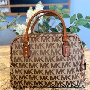Michael Kors MK Logo Satchel Brown Canvas Leather Trim Gold Hardware 14”X 10”